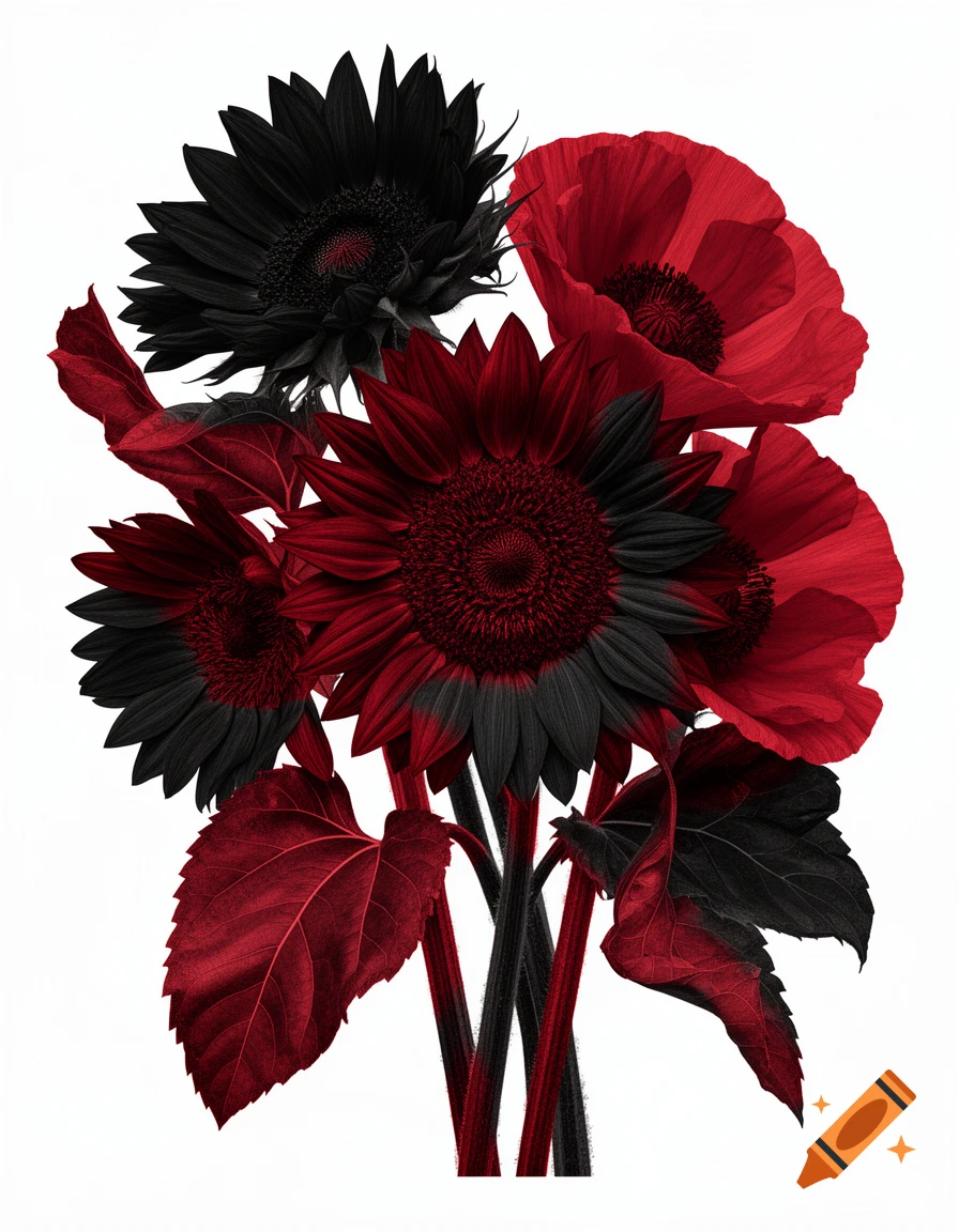 A striking bouquet of black and red sunflowers and red poppies with black and red leaves, isolated on a white background.