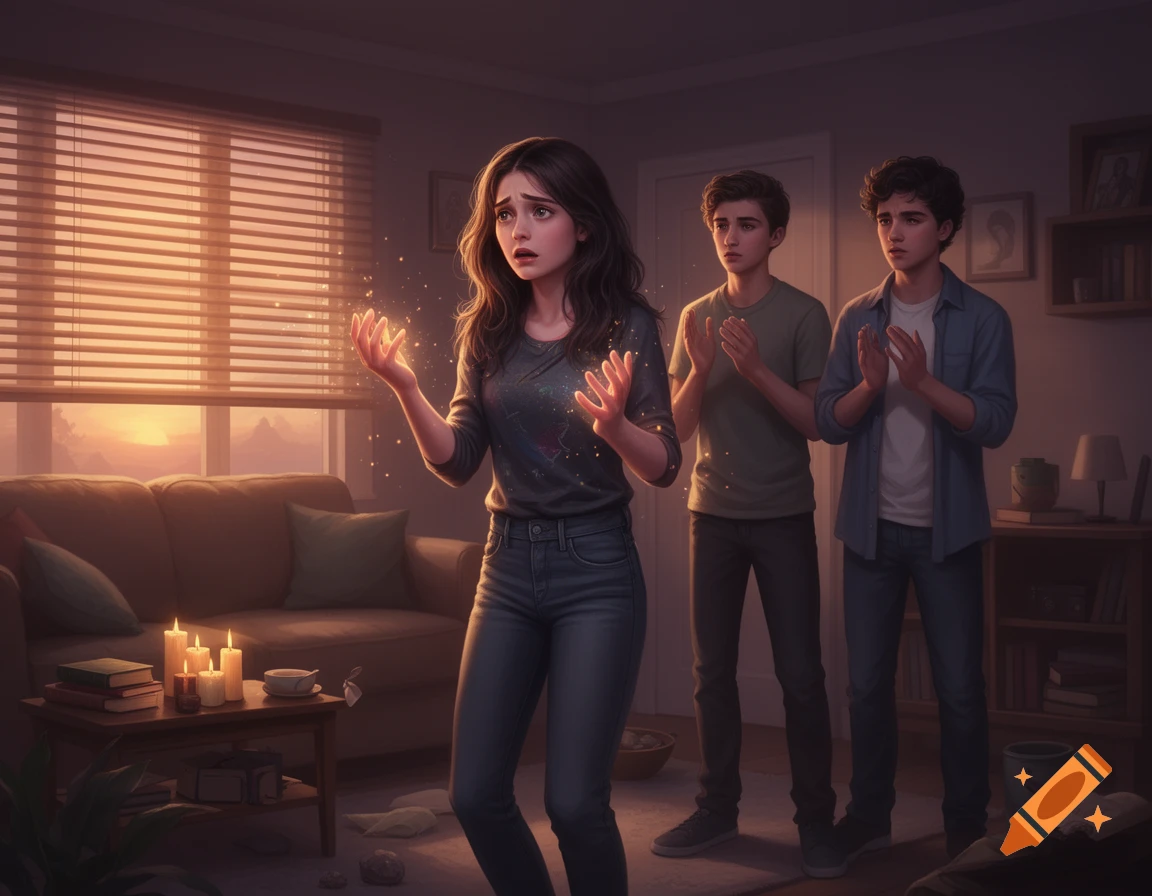 A young witch with glowing hands looks concerned as two male friends watch her with surprise in a warm living room at sunset, digital art.