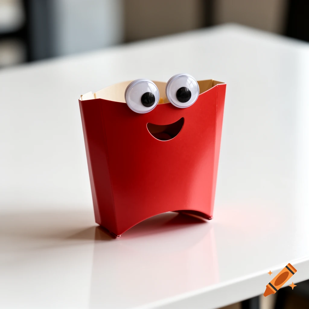 A red French fry carton with googly eyes and a smiling cut-out mouth sits on a white table.