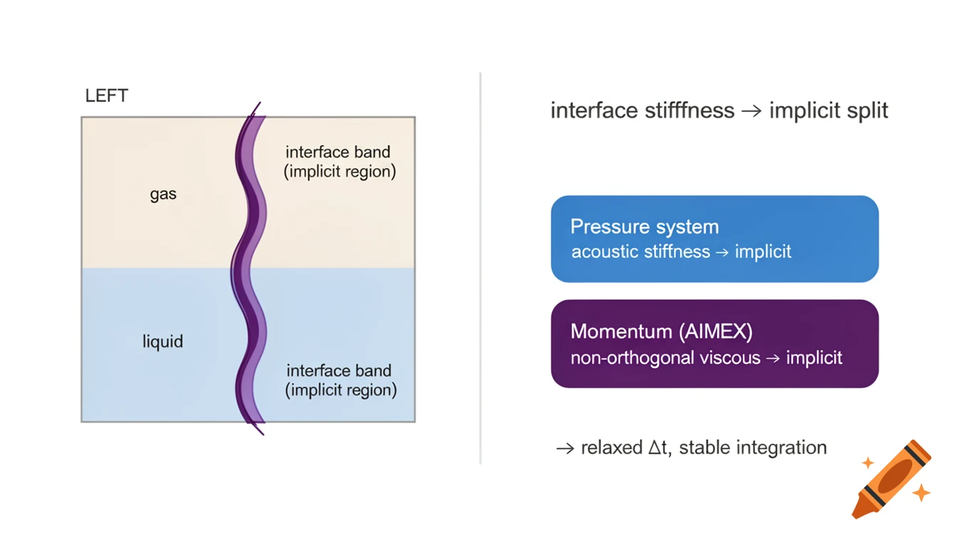 Scientific diagram showing gas and liquid phases separated by a wavy interface, with text explaining interface stiffness and implicit split.
