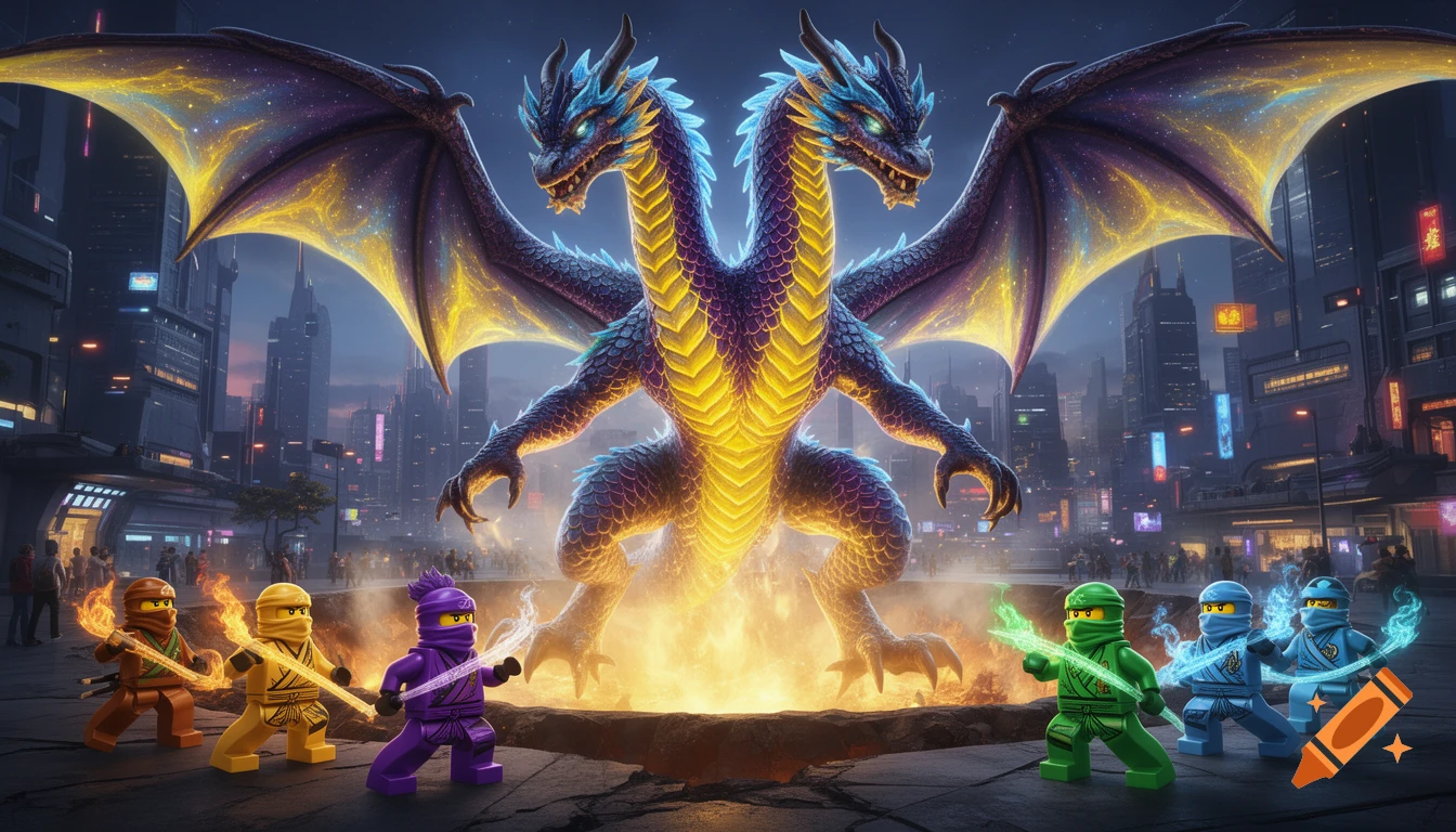 A two-headed, four-legged, four-armed blue, purple, and yellow dragon emerges from a glowing crater in a futuristic city, facing colorful LEGO ninja heroes.