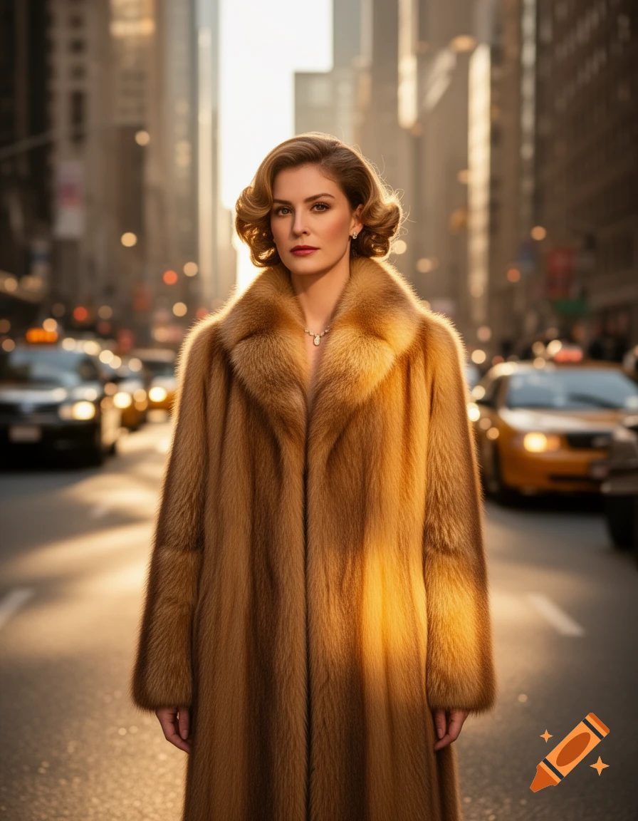 Photorealistic portrait of a woman in a luxurious fur coat standing on a city street at golden hour.