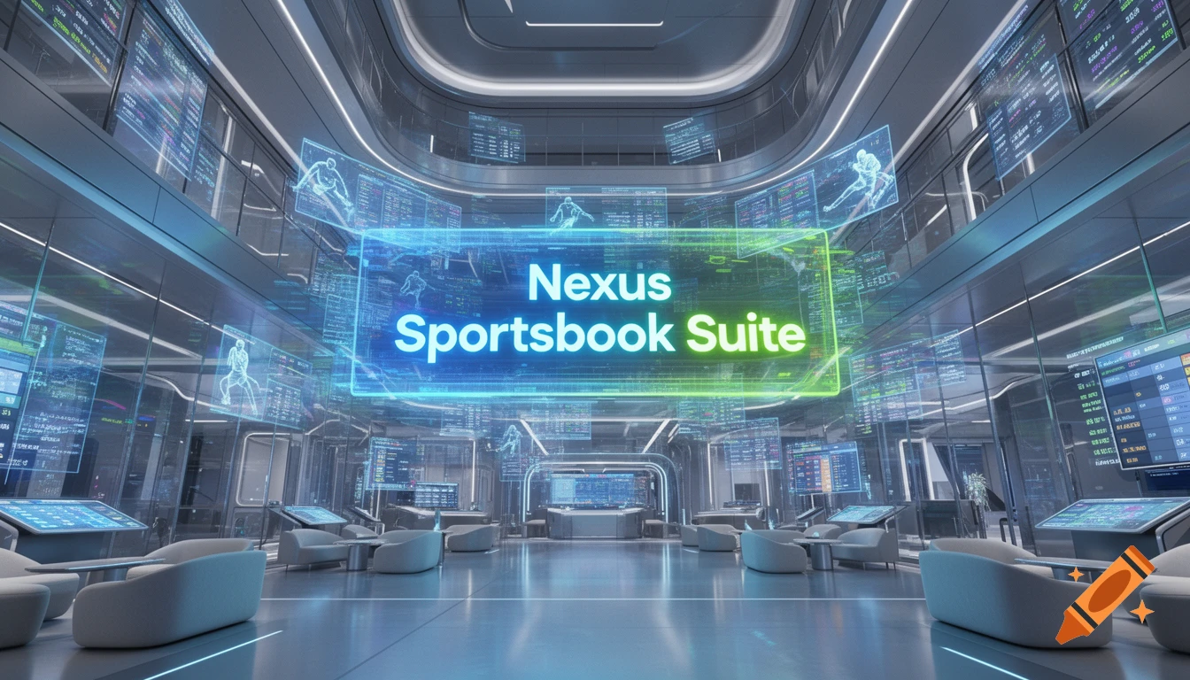 A sleek, futuristic room with a large holographic 'Nexus Sportsbook Suite' display, surrounded by digital screens and modern seating.