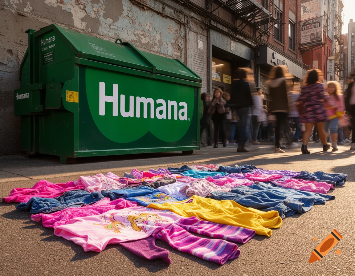 A green Humana dumpster stands on a city street, with a colorful assortment of children's clothes spread on the pavement. Photorealistic.