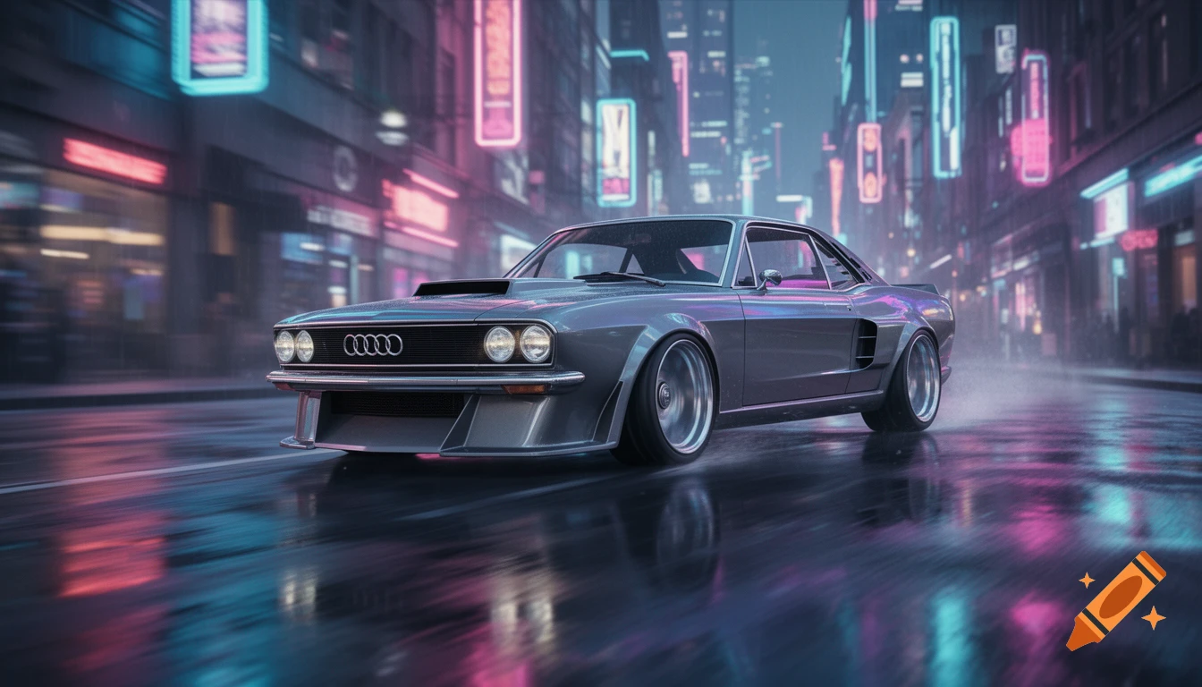 A customized retro muscle car, blending an Audi and Mustang, drives fast on a wet, neon-lit city street at night, with motion blur.