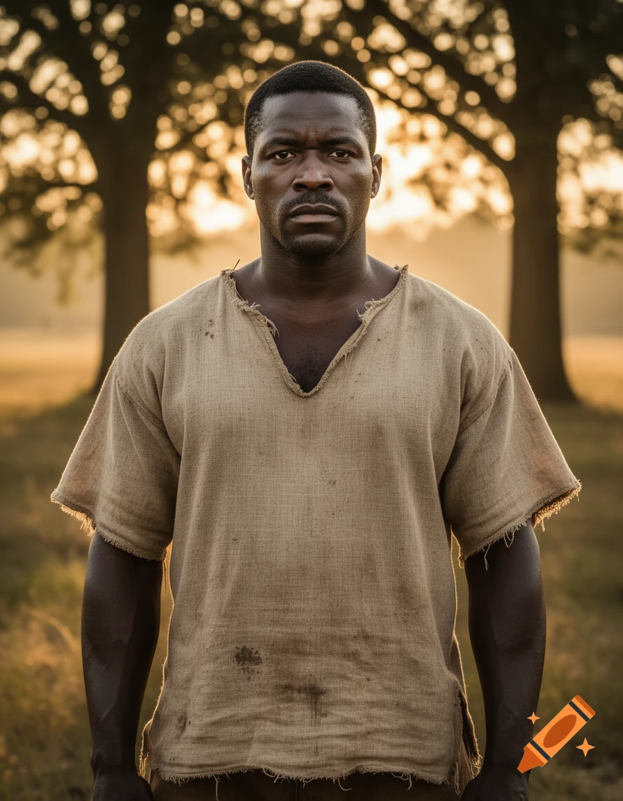 A serious Black man in a distressed light brown tunic stands in a golden field with trees in the background, looking directly forward.