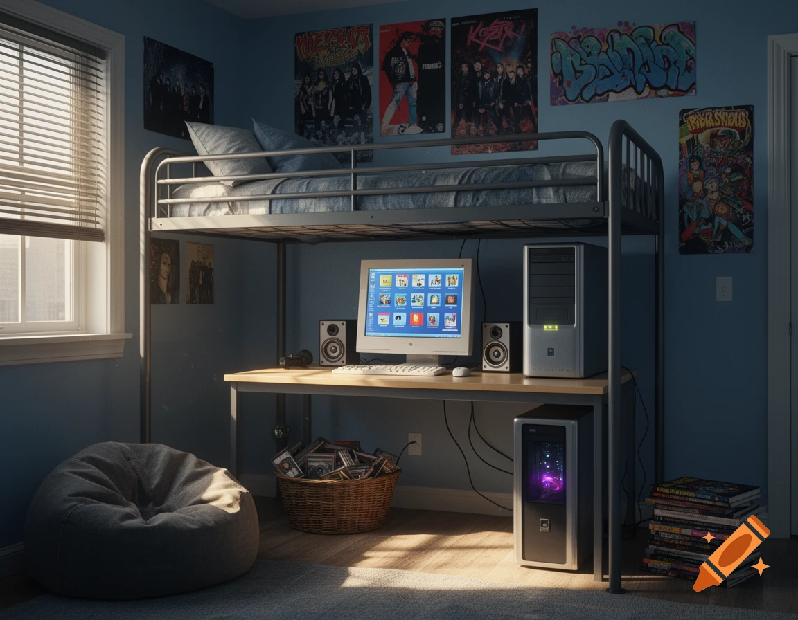 A realistic depiction of an early 2000s boy's bedroom with a metal bunk bed, a desk with a desktop computer, and posters on blue walls.