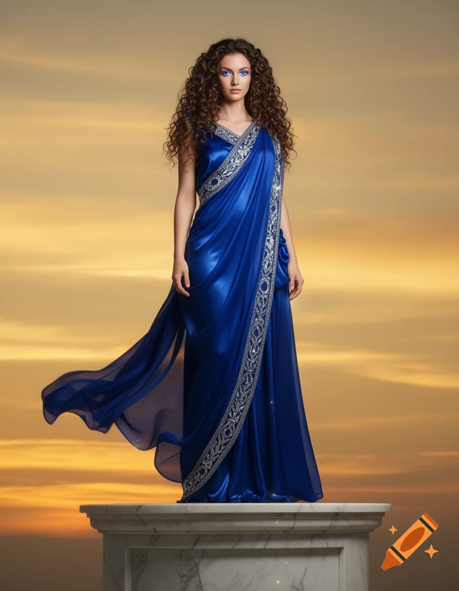 Photorealistic portrait of a woman with curly brown hair in a royal blue draped dress with silver trim, standing on a pedestal against a sunset sky.