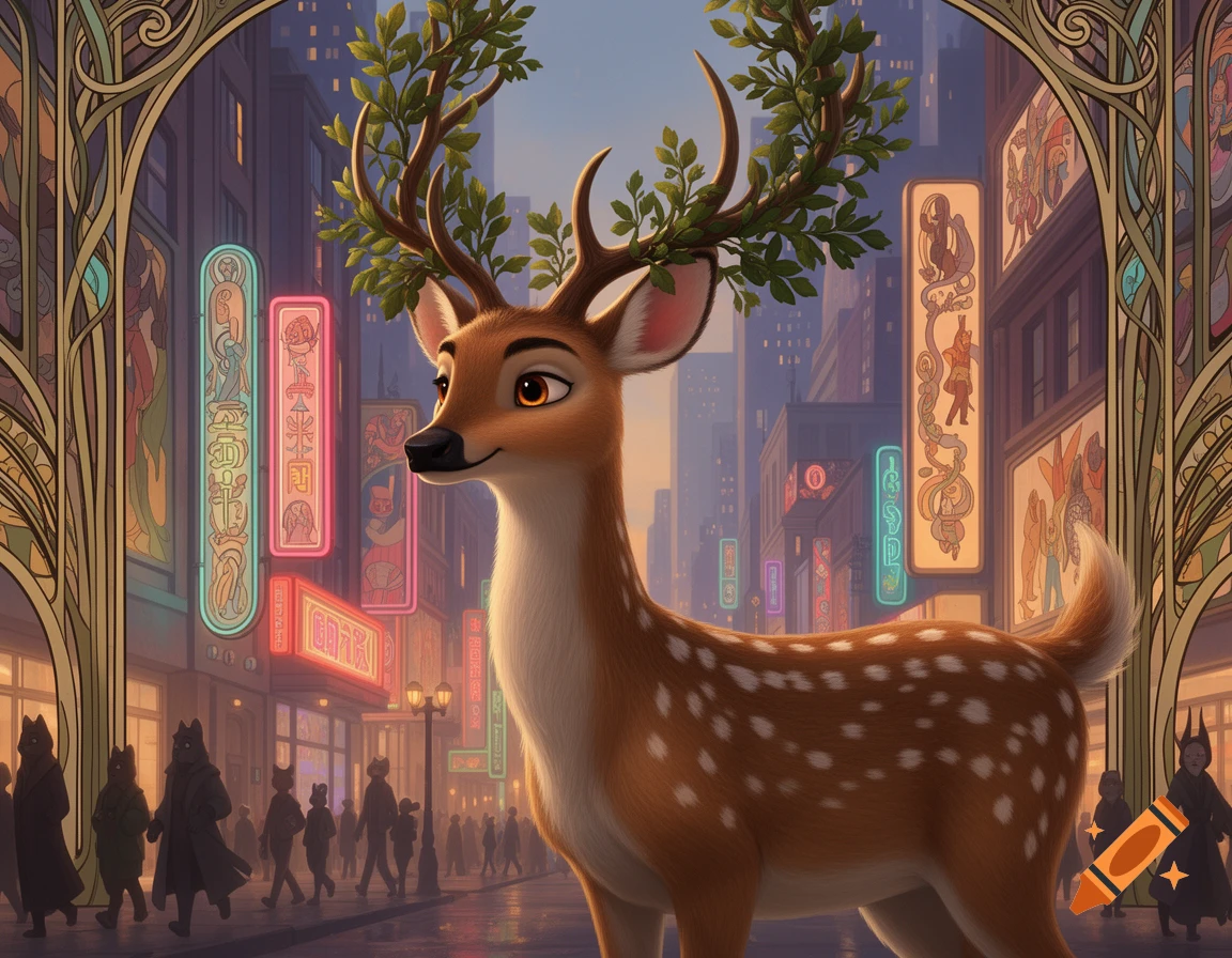 Cartoon deer with leafy antlers on a city street at dusk, surrounded by neon signs and blurred anthropomorphic figures.