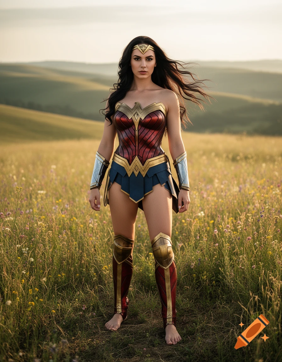 Photorealistic Wonder Woman in full costume stands barefoot in a grassy field with rolling hills under a bright sky.