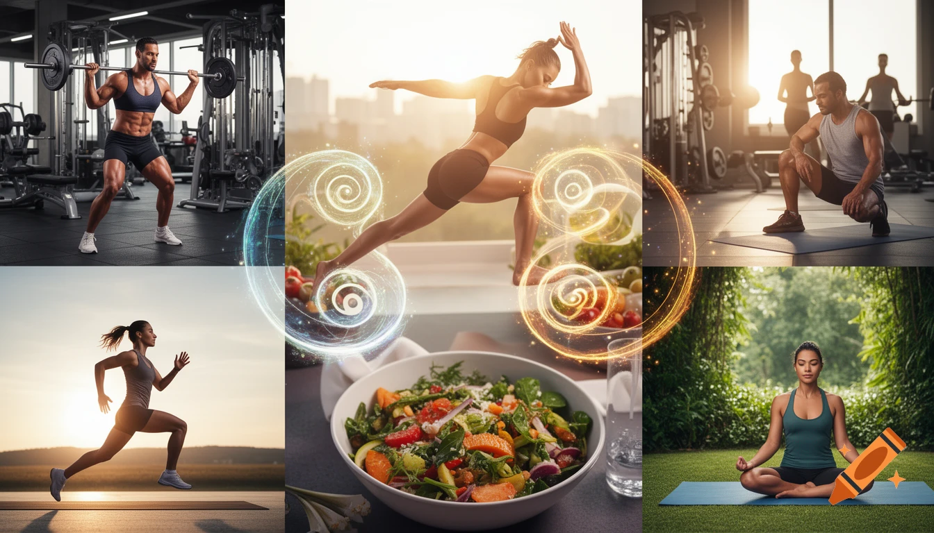 Collage of fitness and wellness activities: weightlifting, running, dynamic exercise, salad, and outdoor meditation.