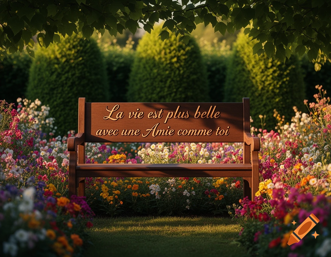 A wooden park bench in a vibrant flower garden, with the French text 'La vie est plus belle avec une Amie comme toi' (Life is more beautiful with a friend like you) carved into its backrest.