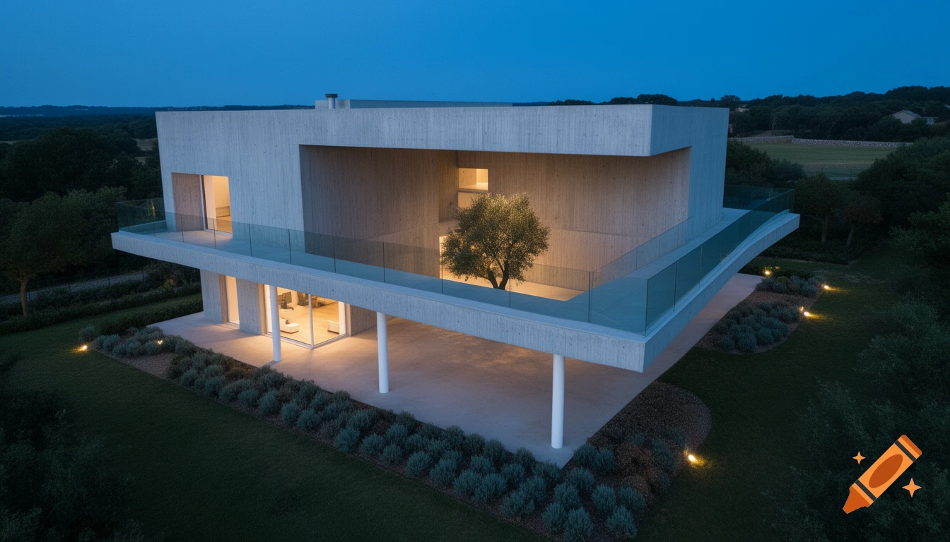 Photorealistic aerial view of a modern minimalist concrete house at dusk with an open courtyard tree, glass railings, and glowing interior lights.
