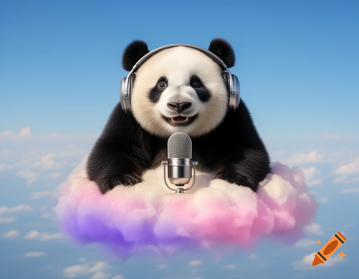 A photorealistic panda wearing headphones, sitting on a pink and purple cloud with a podcast microphone, against a blue sky.