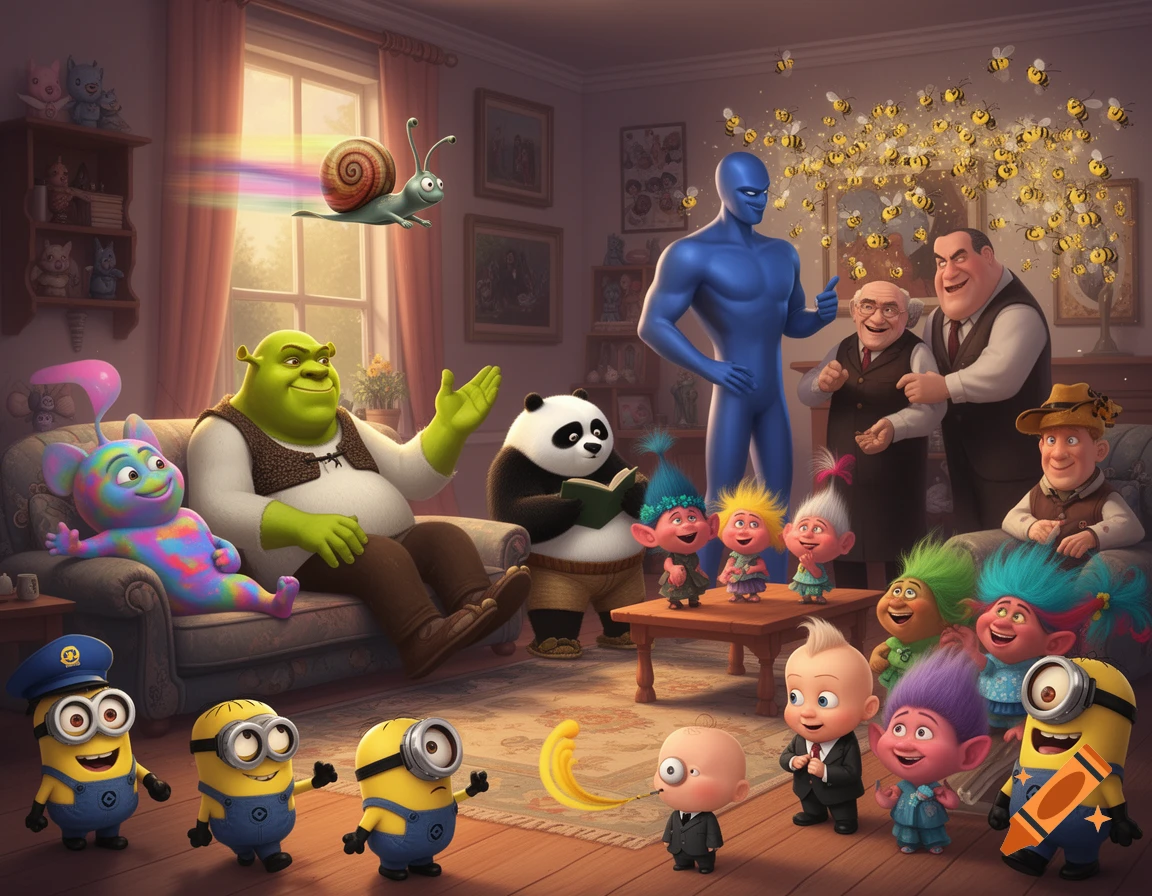 Various animated characters including Shrek, Kung Fu Panda, Trolls, Minions, Boss Baby, and Megamind gather in a detailed living room, with a rainbow snail flying and bees swirling.