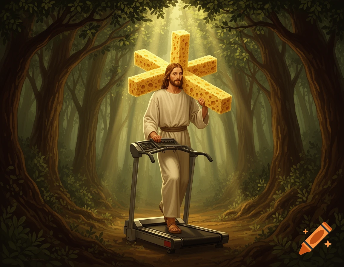 Jesus walks on a treadmill in a sunlit forest, carrying a cross made of yellow sponge, in a painted illustration.