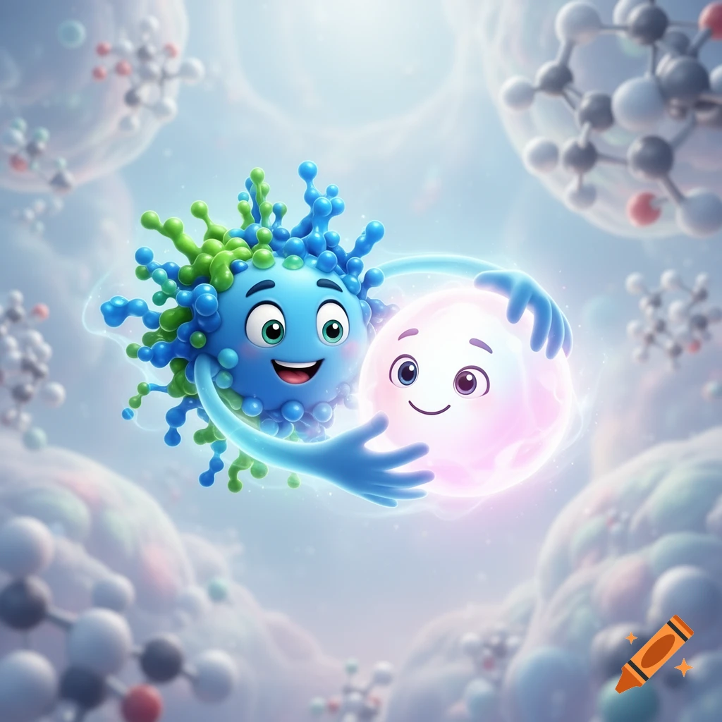 A friendly blue and green spiky cartoon molecule embraces a glowing pink round molecule, surrounded by atomic structures.