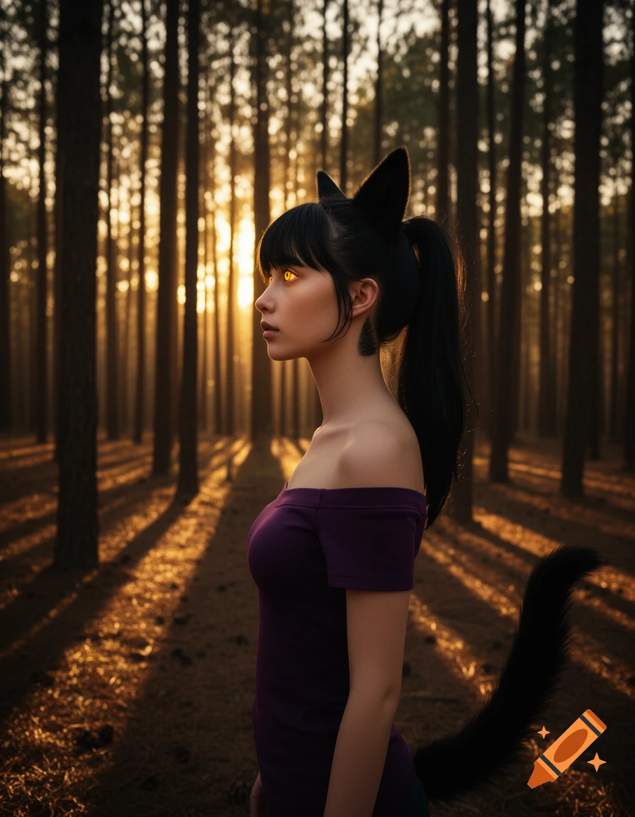 A young woman with black fox ears and tail, glowing eyes, and a purple top stands in a sunlit pine forest, casting long shadows.