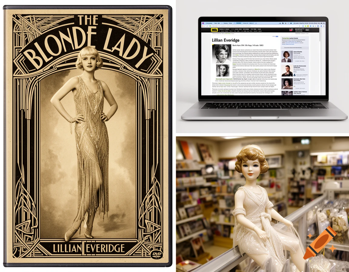 A triptych featuring a sepia-toned DVD cover for "The Blonde Lady" with Lillian Everidge, a laptop displaying an IMDb page for Lillian Everidge, and a doll of Lillian Everidge in a store.
