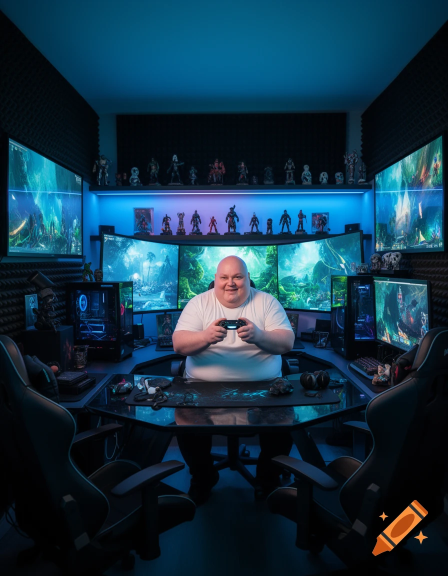 A bald man with a double chin smiling while holding a controller in a neon-lit gaming room with multiple monitors showing game environments.