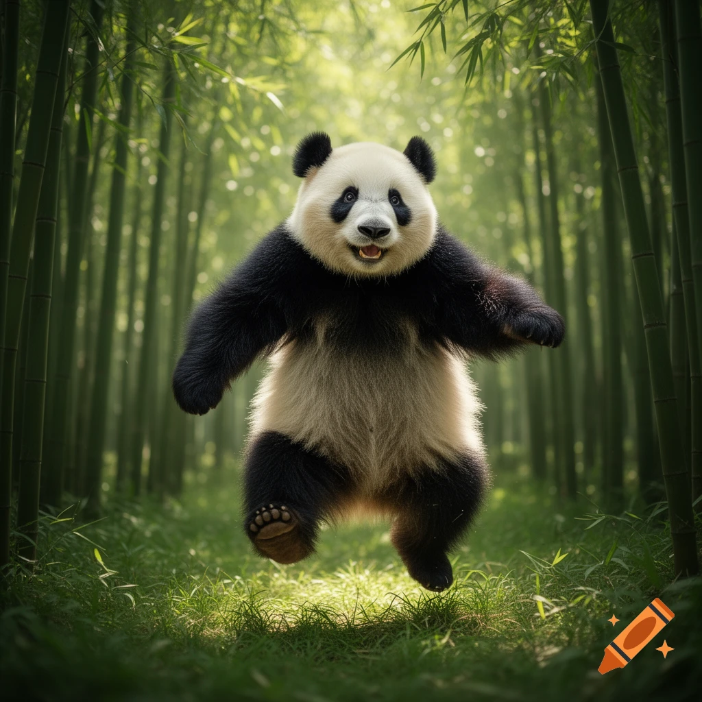 Photorealistic panda standing upright and jumping with a happy expression in a lush bamboo forest.