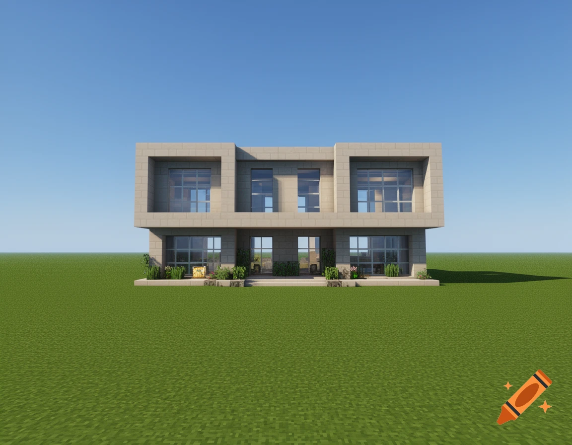 A modern Minecraft-style house made of cleanstone blocks on a flat green plane under a blue sky.