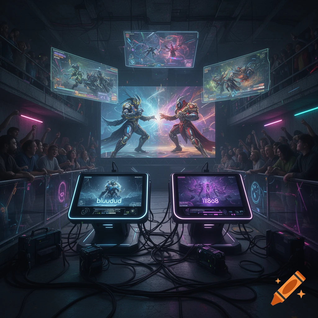 A futuristic esports arena with a large screen showing two warrior characters battling, flanked by player stations and a cheering crowd.