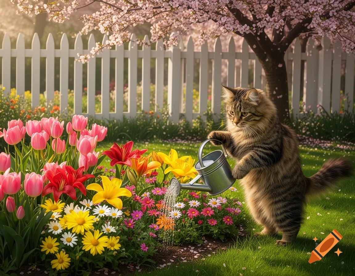 A fluffy tabby cat stands on its hind legs, watering a vibrant flower bed with a small watering can in a spring garden.