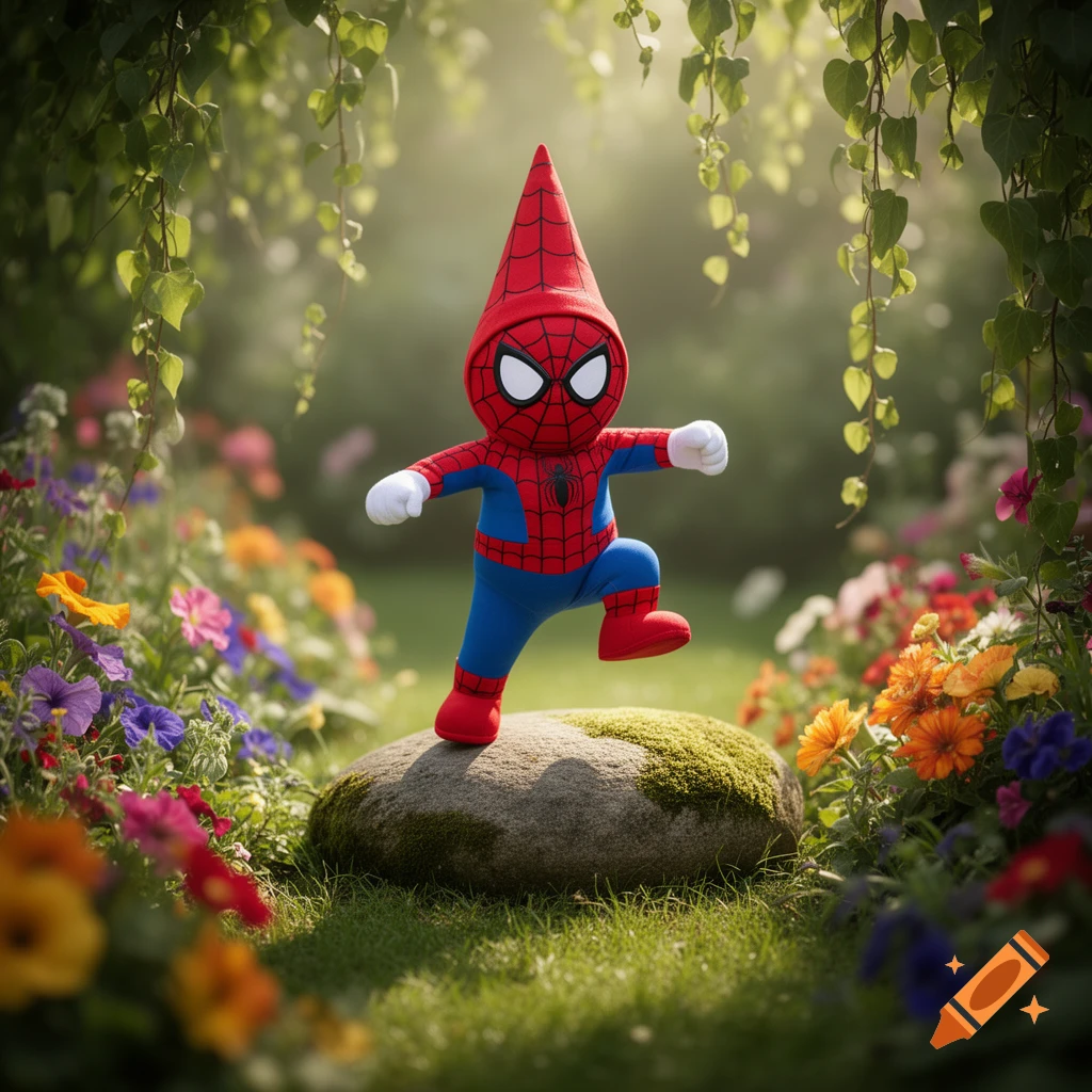 A Spider-Man gnome in a red and blue suit with a pointed hat stands on a mossy rock in a sunny, vibrant garden with colorful flowers.