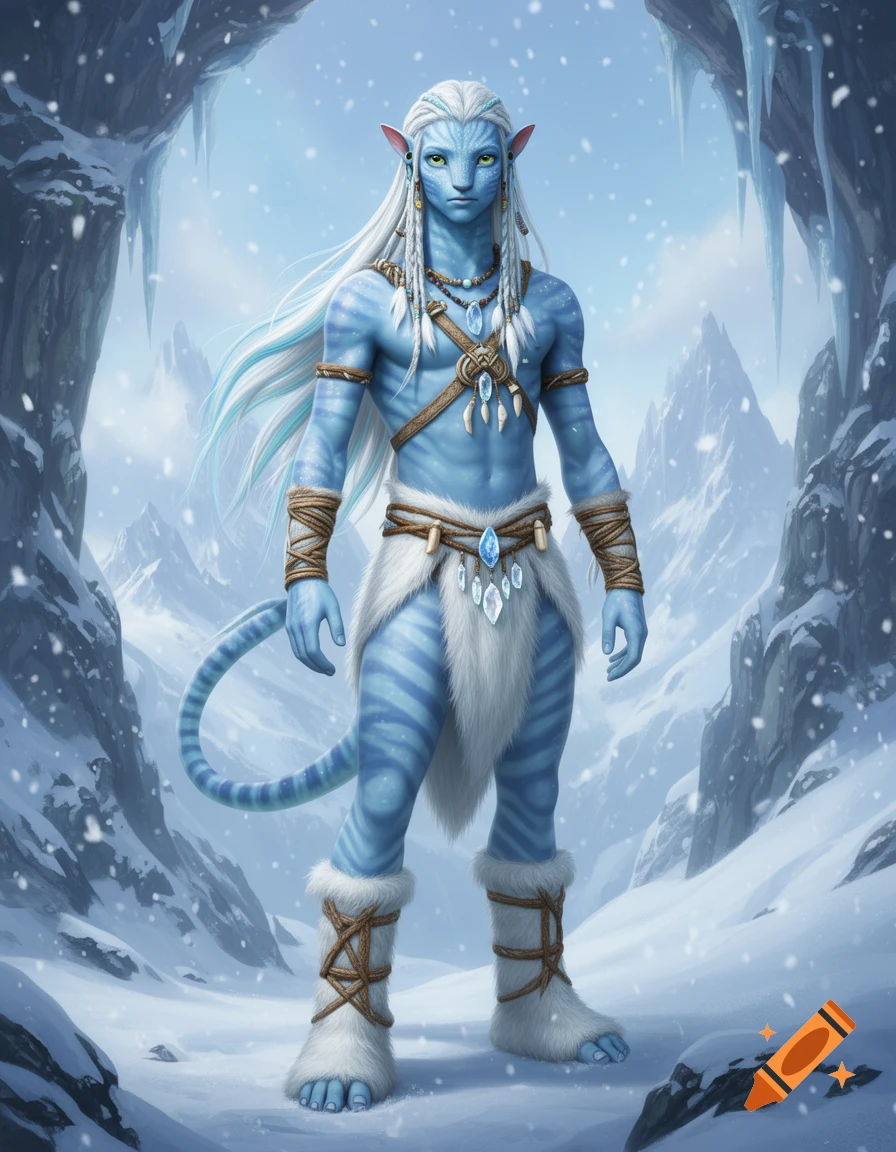 Detailed cinematic concept art of a pale blue Na'vi male with white hair, fur clothing, and jewelry, standing in a snowy mountain landscape.