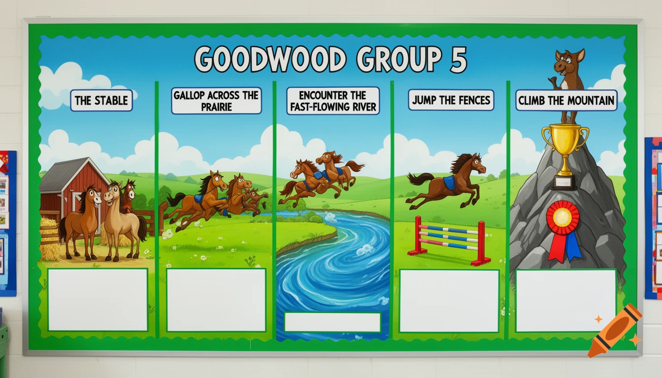 A colorful cartoon classroom display board with a green border, depicting a horse-riding adventure in five stages, each with a text label and a blank space below.
