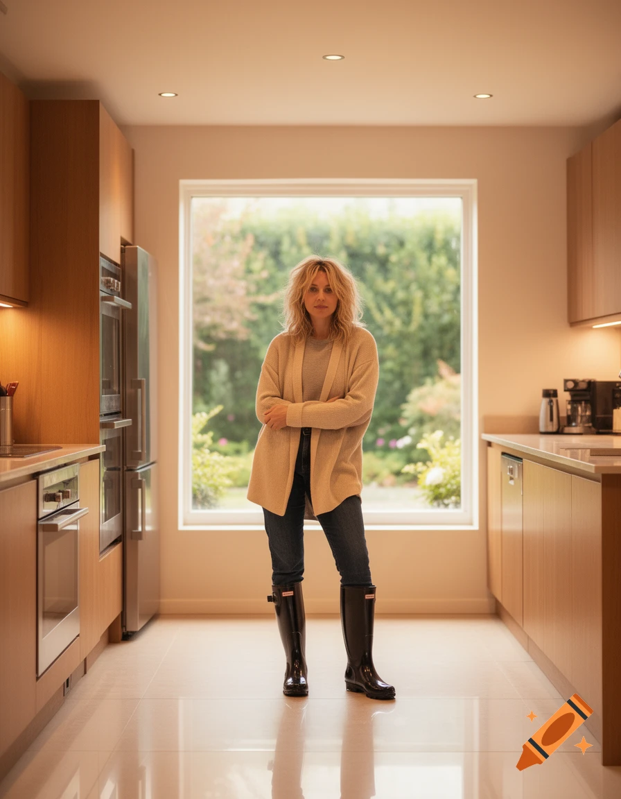A blonde woman in a beige cardigan, jeans, and black rubber boots stands with crossed arms in a modern kitchen.