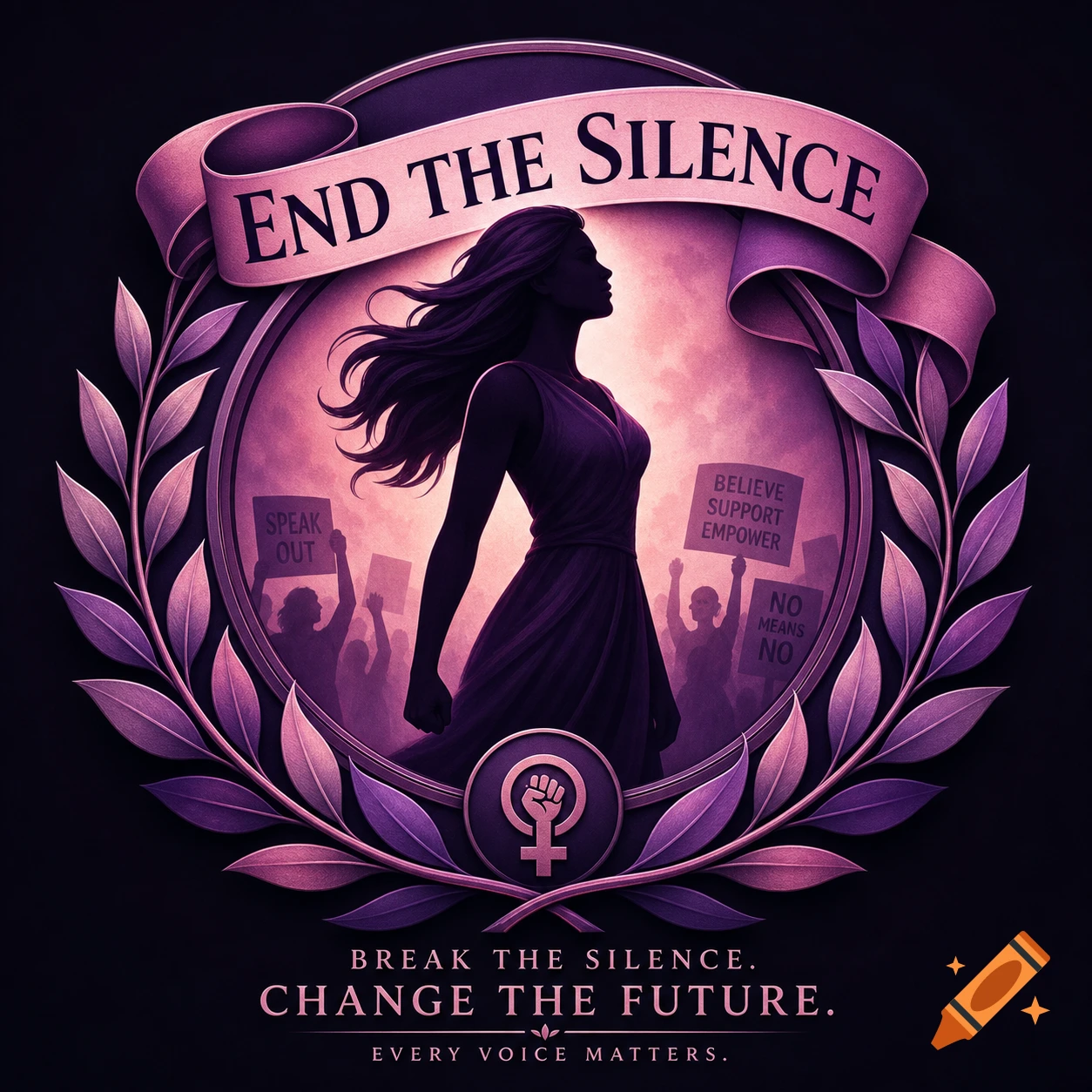 A purple and pink logo with a female silhouette, laurel wreath, and banner text 'END THE SILENCE', promoting women's rights.