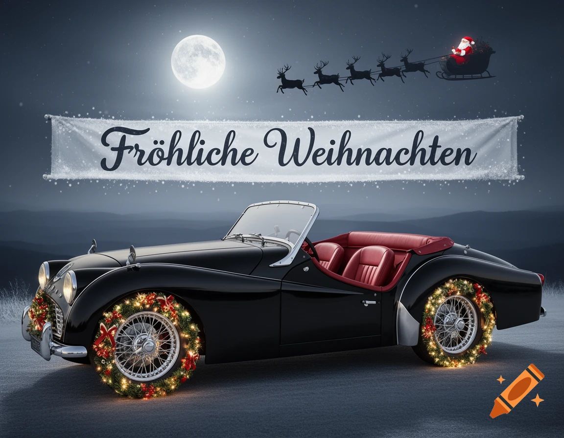 A classic black Triumph TR3 A with Christmas wreaths on its wheels on a snowy night. Santa's sleigh flies above a banner that reads "Fröhliche Weihnachten".