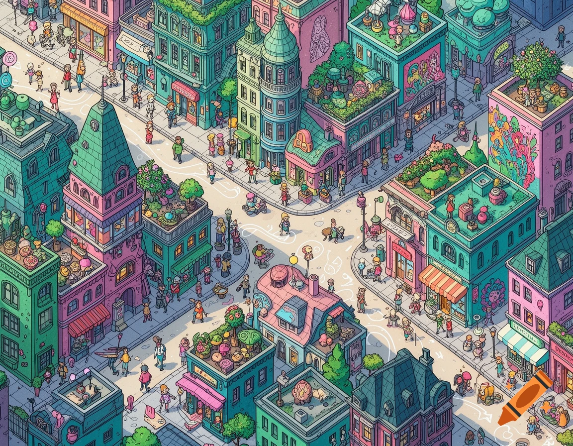 Colorful isometric cartoon cityscape with numerous small people, buildings, green rooftops, and busy streets.