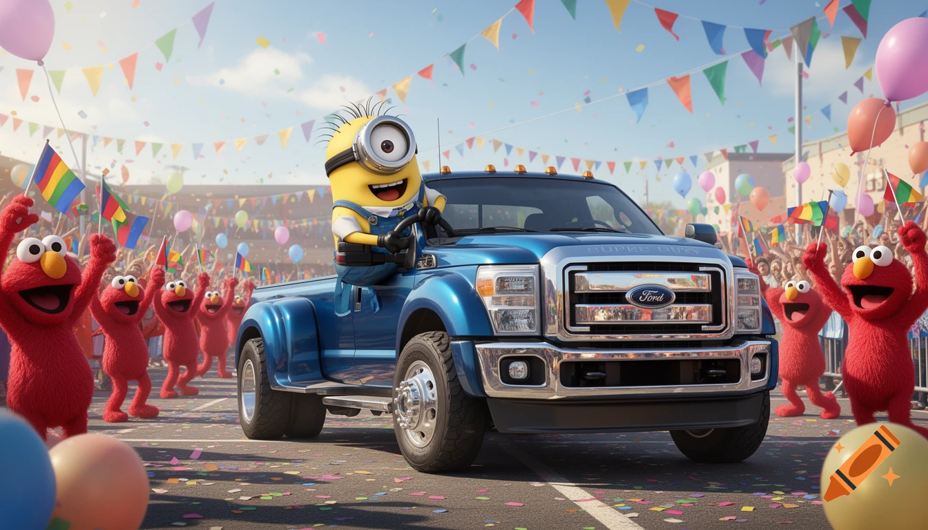 A Minion drives a blue Ford Super Duty truck in a parade, surrounded by cheering Elmos holding rainbow flags and colorful confetti.