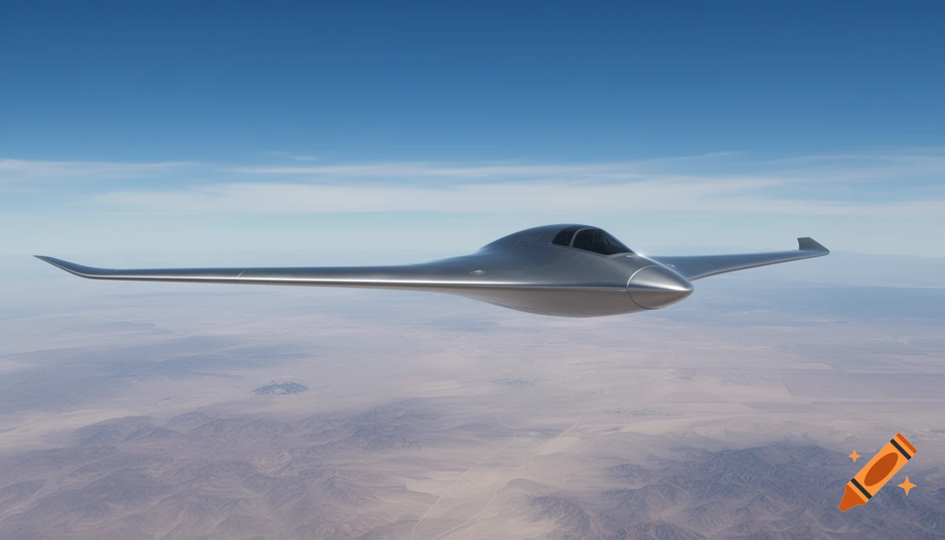 A sleek, silver futuristic stealth aircraft flies over a vast desert landscape under a clear blue sky, photorealistic style.