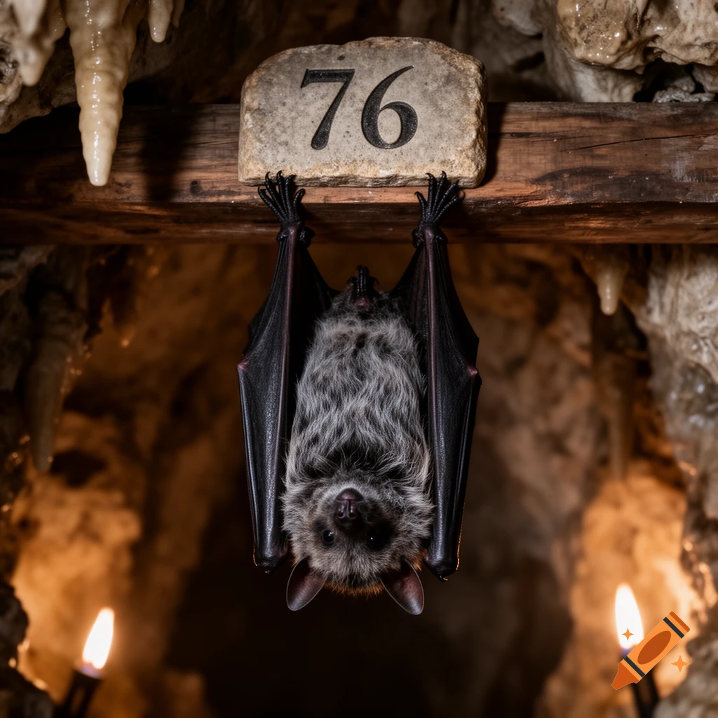 A bat hangs upside down from a wooden beam in a dimly lit cave, a stone marked '76' above it.