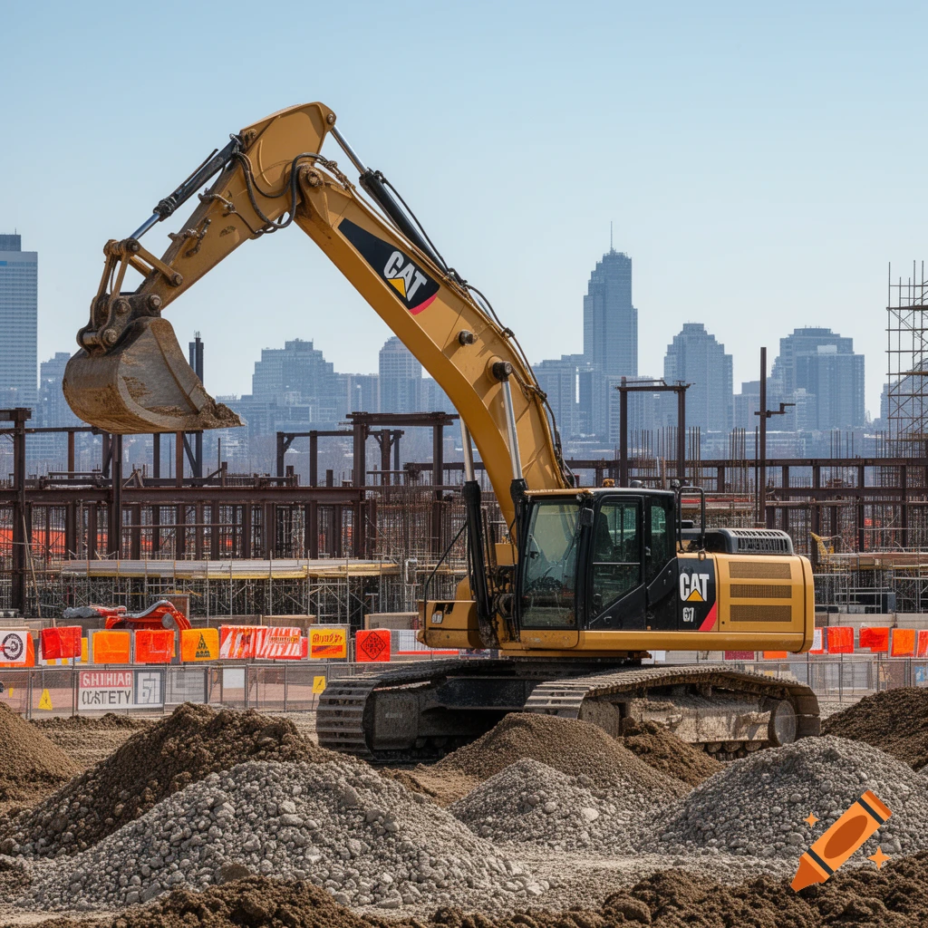 A yellow CAT excavator is paused on piles of dirt and gravel at a construction site with a city skyline in the background.