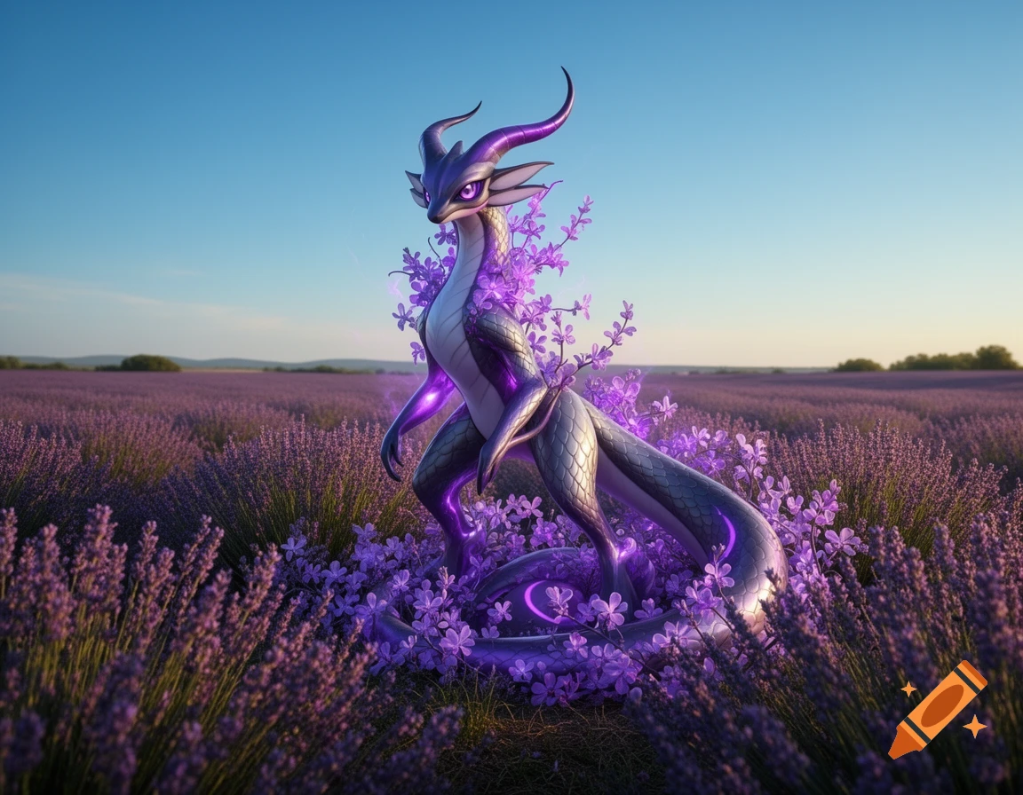 A shimmering purple, dragon-like fantasy creature with glowing accents stands in a vibrant lavender field under a clear blue sky.