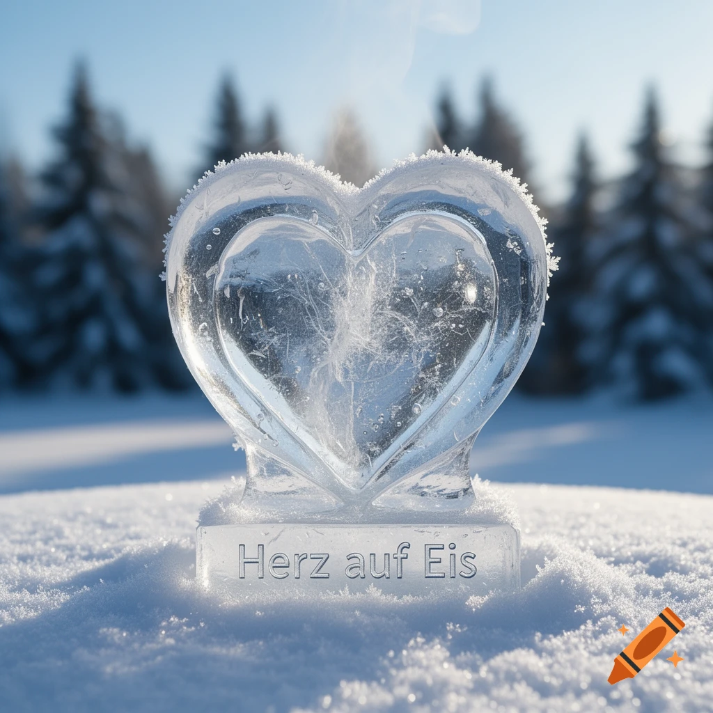 A clear ice heart sculpture sits on a snowy base, with the text 'Herz auf Eis', set in a bright winter landscape with blurred evergreen trees.