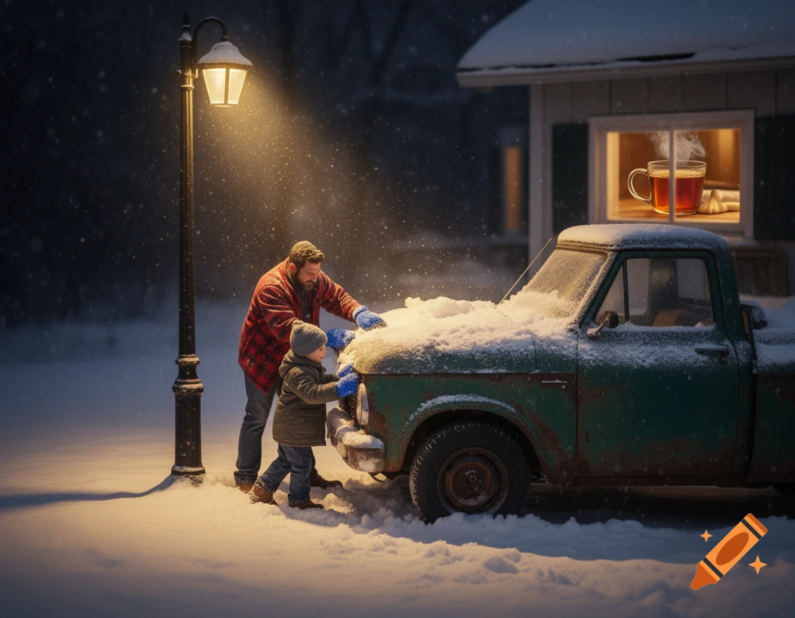 A man and a boy scrape snow off an old green truck under a glowing street lamp during a snowy night, with a steaming mug in a house window.