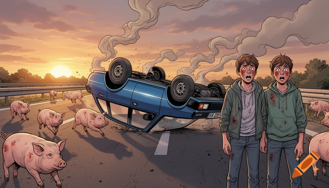 A dramatic graphic novel scene of two shocked, blood-splattered teenage boys next to an overturned blue car on a highway at sunset, with pigs running around.