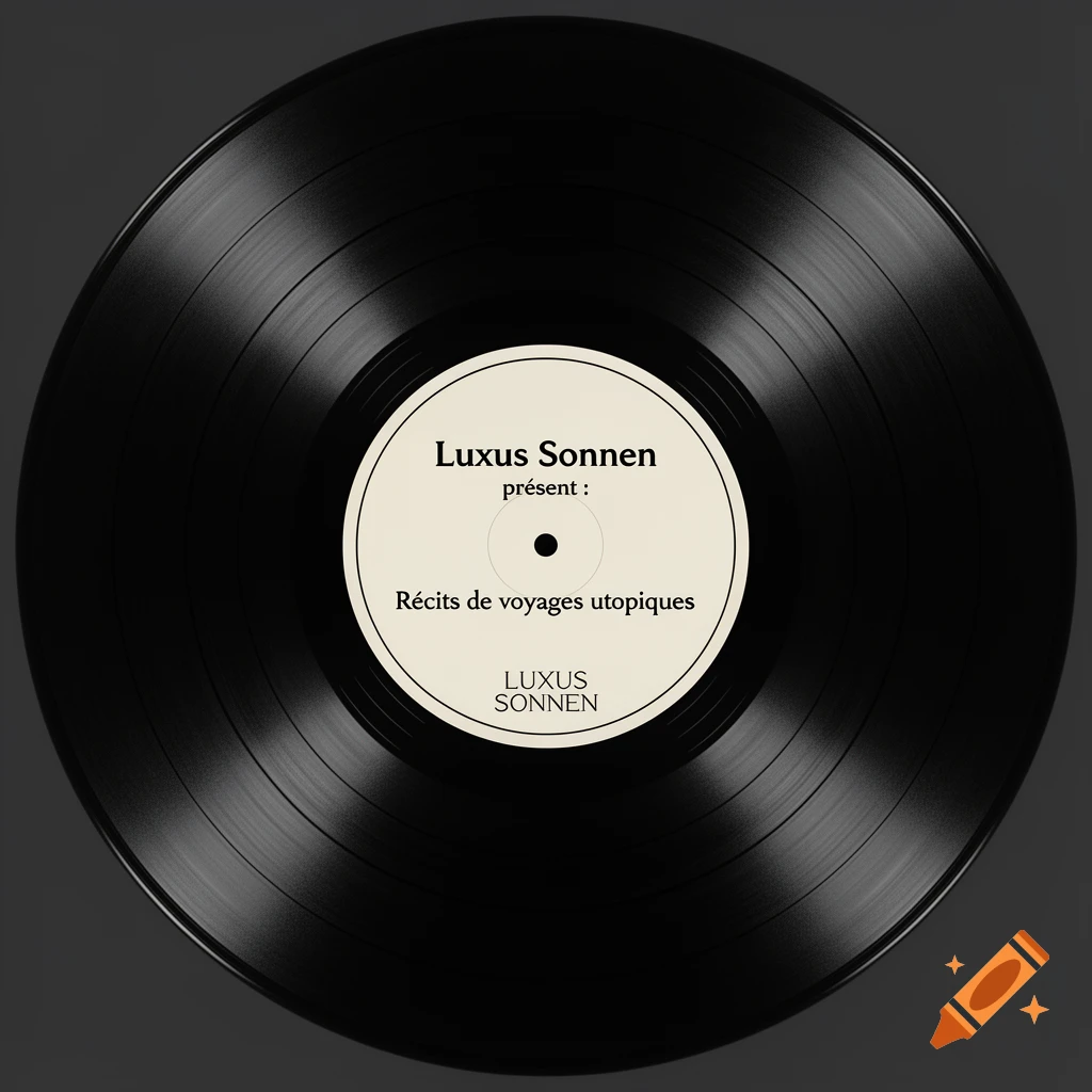 A close-up of a black vinyl record with a white label, featuring the text "Luxus Sonnen pr lent : R cits de voyages utopiques" and "LUXUS SONNEN".