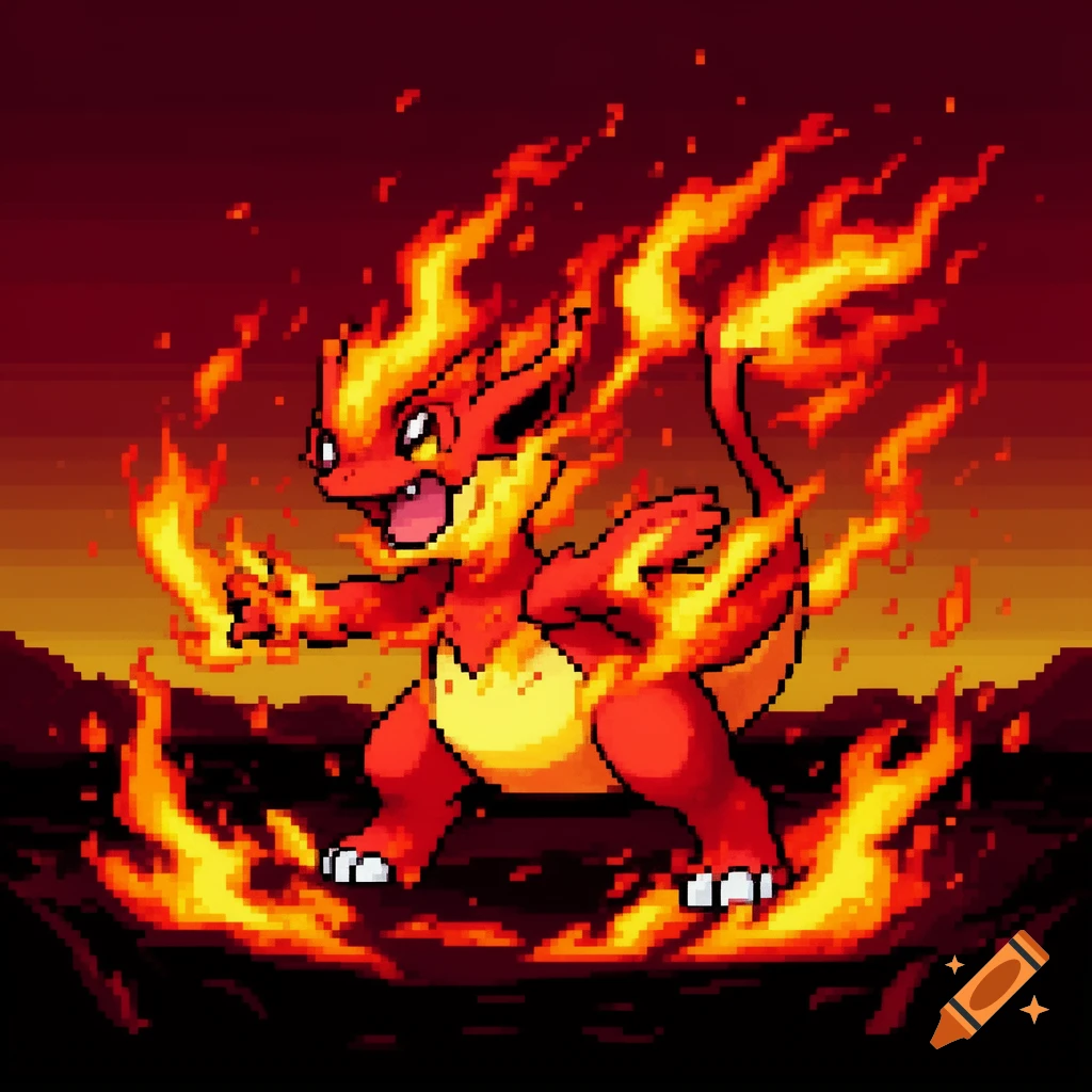 A pixel art fire Pokémon, resembling Charmander, surrounded by bright orange and yellow flames against a dark, fiery background.