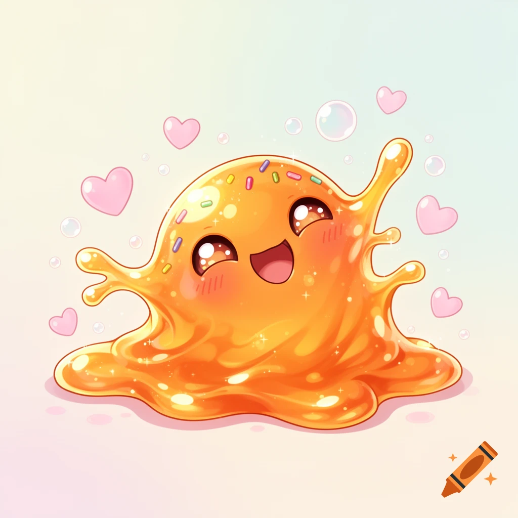 A happy, shiny orange slime monster covered in sprinkles, surrounded by pink hearts and bubbles, in a cute cartoon style.