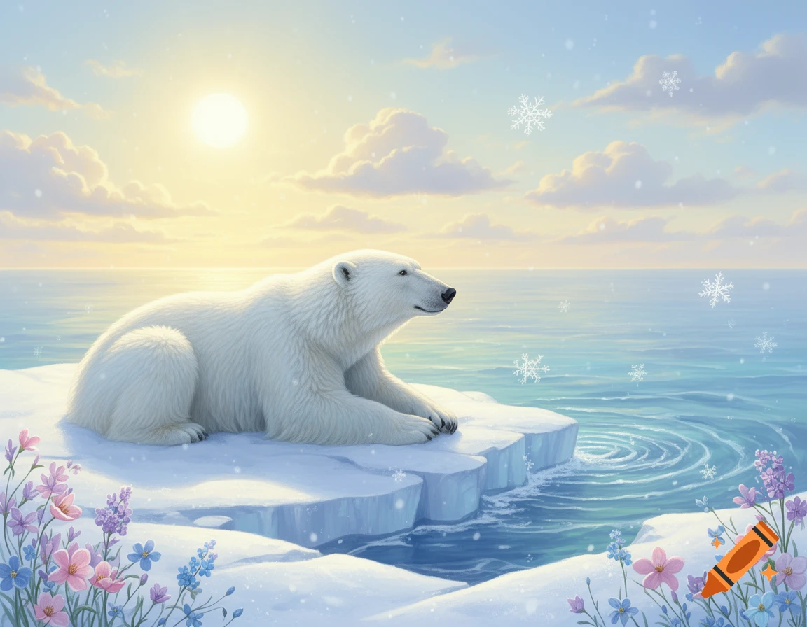 An illustration of a polar bear resting on an iceberg in a calm ocean, with a bright sun, clouds, snowflakes, and colorful flowers.