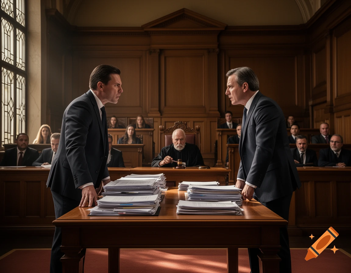Two aggressive lawyers confront each other across a table with stacks of papers in a photorealistic courtroom scene, with a judge and jury in the background.