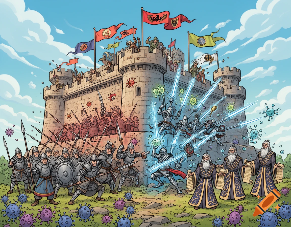A cartoon battle at a castle, with medieval warriors attacking and knights with glowing swords defending, assisted by wizards holding scrolls. Virus-like spheres are scattered around.