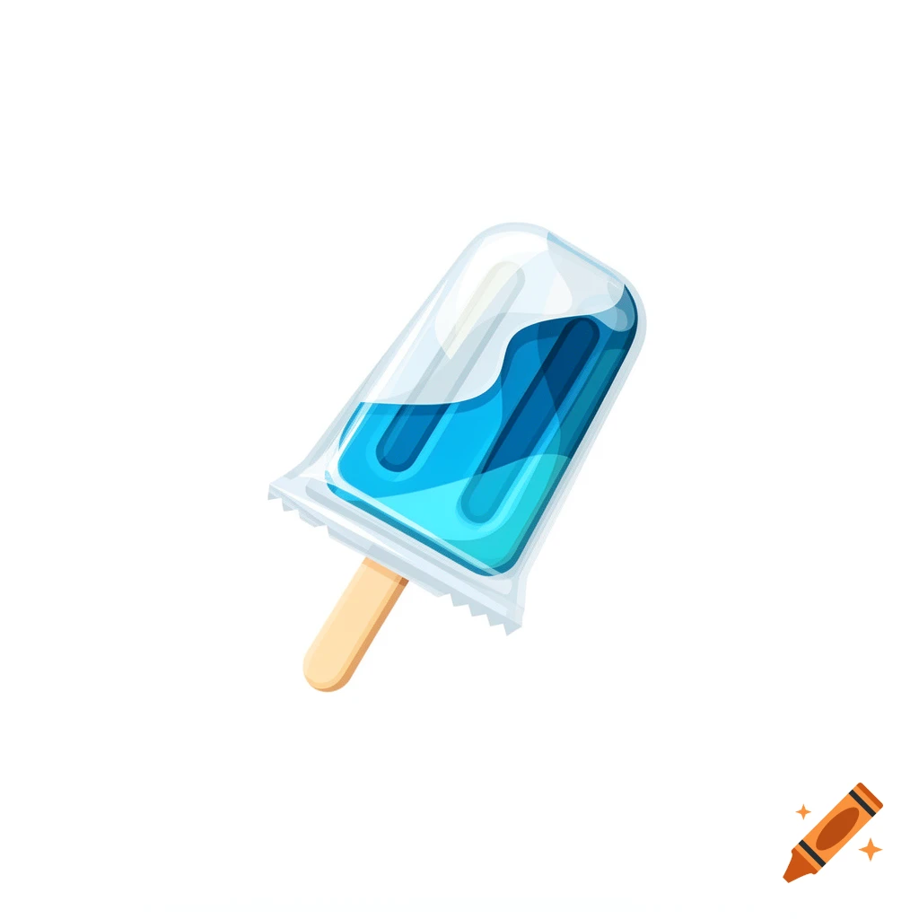 Stylized illustration of a blue popsicle in a clear plastic wrapper on a stick.